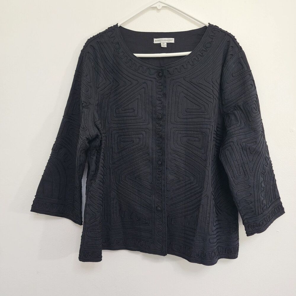 Rebecca Malone Womans Jacket Sz. XL Black 3/4 Sleeve Button Front Lined